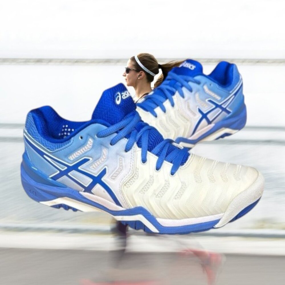 Asics Gel Resolution 7 #E751Y White Blue Running Women's Shoes Sneakers Size 7.5